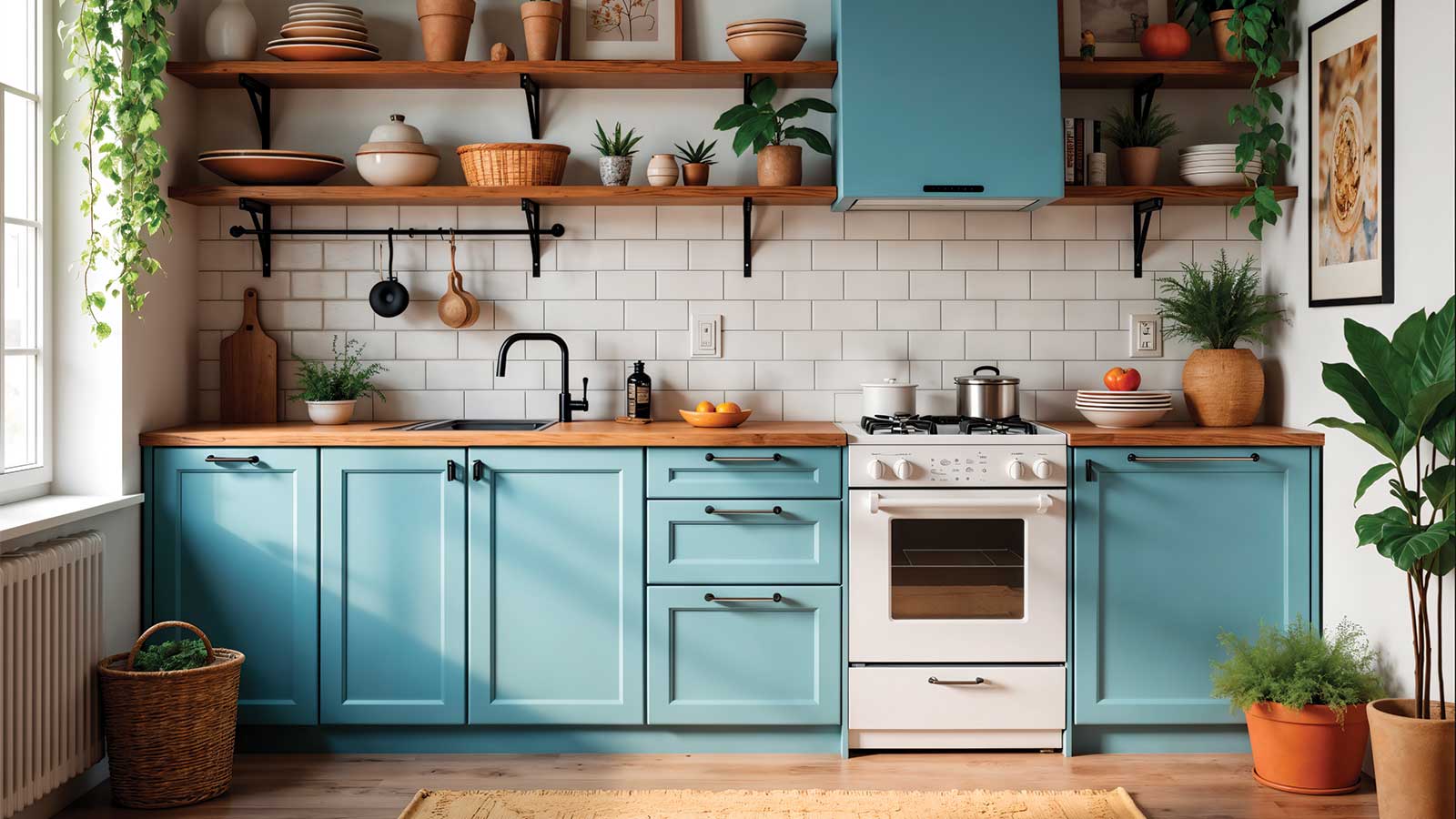 a kitchen with blue cabinets and white appliances