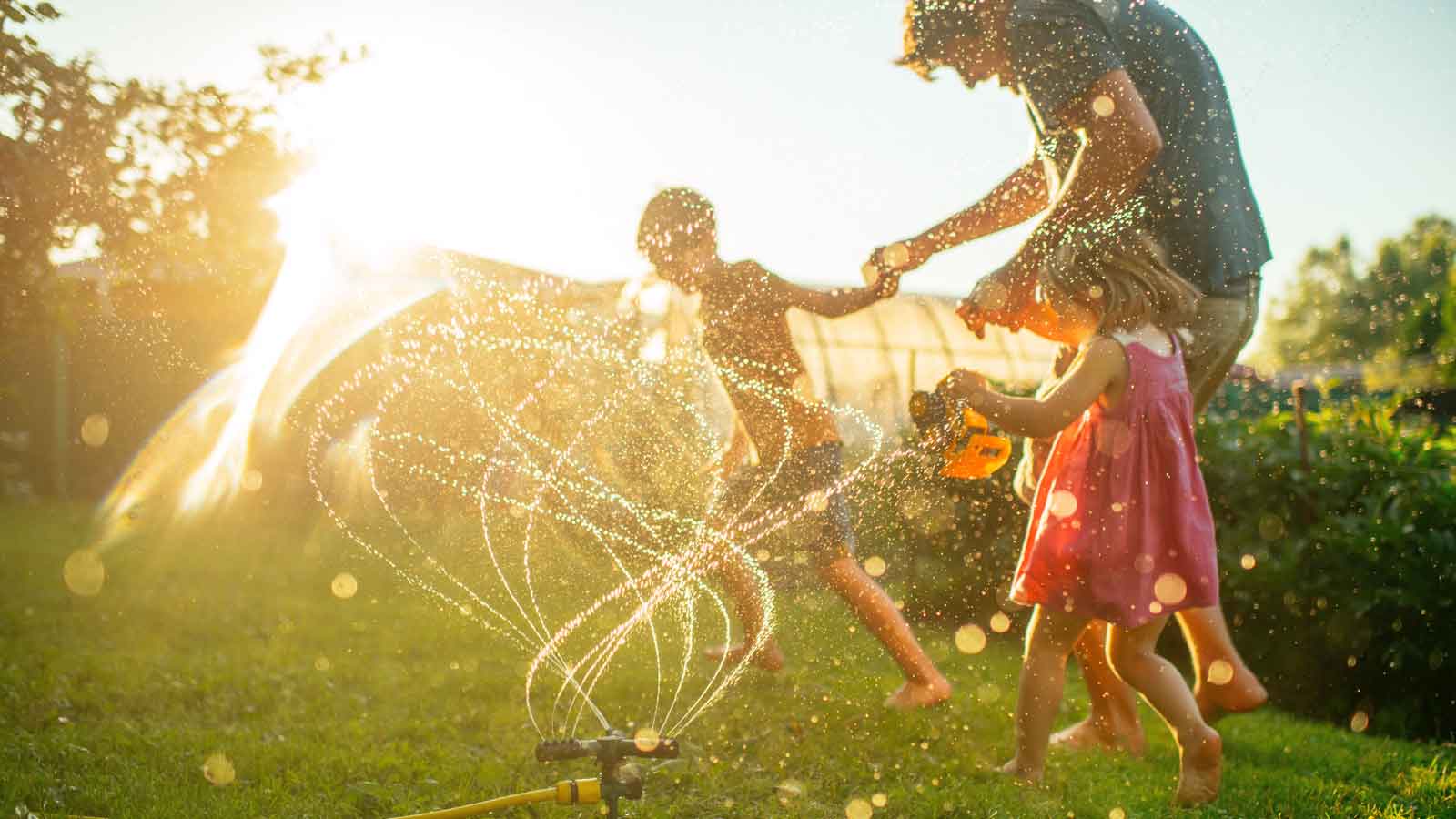 Family playing in the sprinkler on a sunny day.