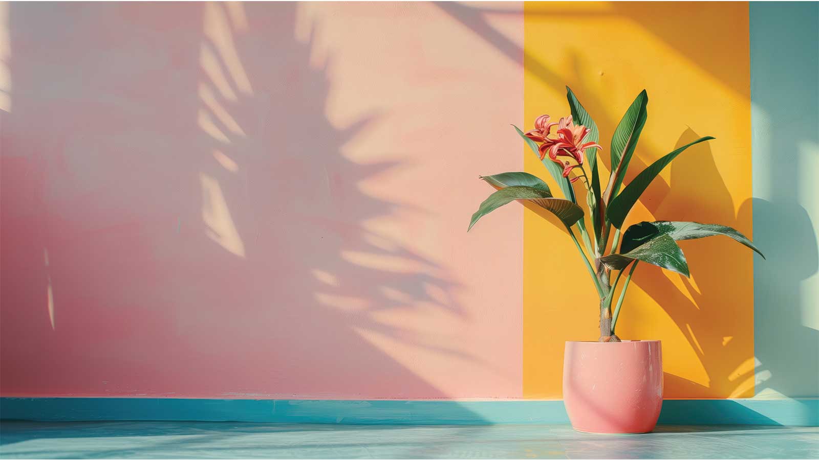 A vibrant indoor space featuring a tropical potted plant against a wall painted with cool hues for summer's fresh and lively example of seasonal home transformation by Roarty Painting, the trusted Maple Ridge painter.